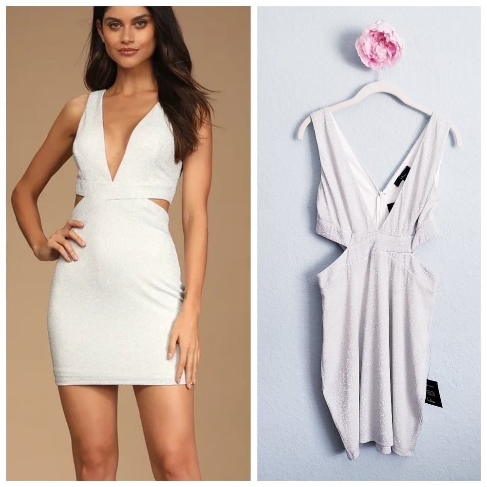 Lulus Night With The Stars Sparkly Silver Plunge Neck Cutout Mini Dress